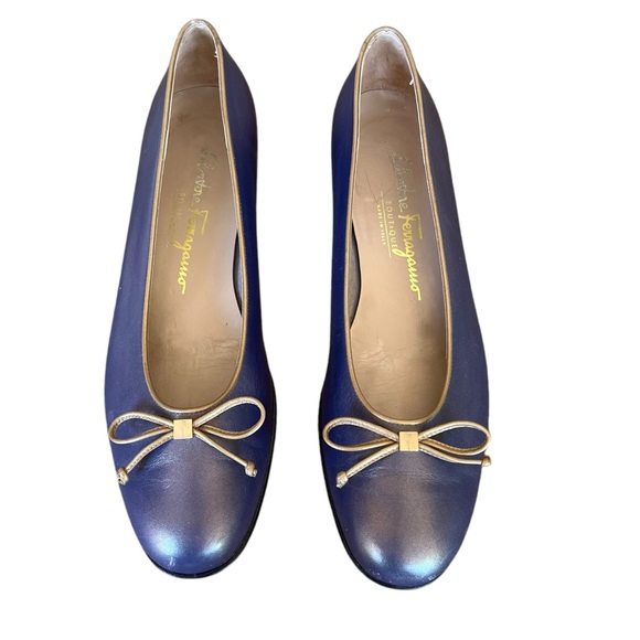 Salvatore Ferragamo Leather Blue & Gold Metallic Bow Ballet Flats Women's Size 8 - Picture 1 of 13
